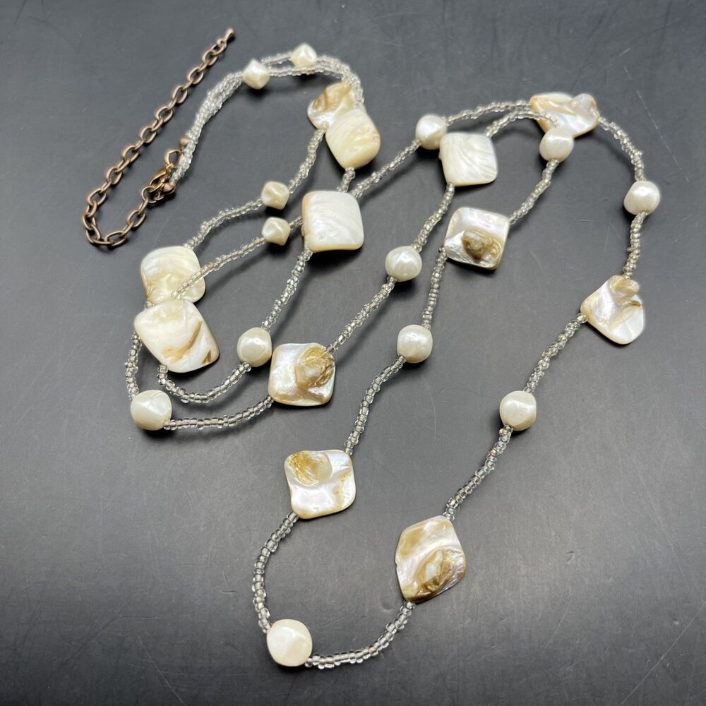 Long Mother Of Pearl Nugget Necklace Beaded Seed Bead MOP Shell White Station